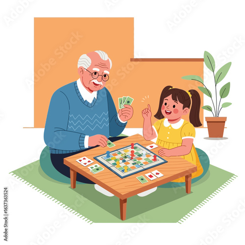 Grandfather and Granddaughter Share Joyful Moments Playing Board Games Together at Home, Building Beautiful Memories, a Classic Family Fun Time Activity, Generational Bond