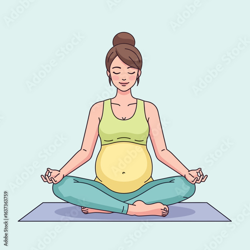 Serene pregnant woman practices prenatal yoga for relaxation and wellness, embracing mindful fitness and healthy lifestyle during pregnancy, vector based art