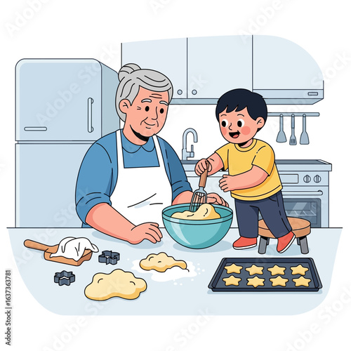 Heartwarming moment of a grandmother and grandson baking delicious cookies together in a cozy kitchen, creating lasting memories and sweet treats for the family gathering