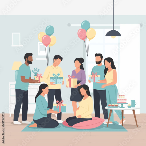 Joyful baby shower celebration with friends bringing gifts for the pregnant woman, creating a warm atmosphere filled with anticipation and love, a special moment to cherish