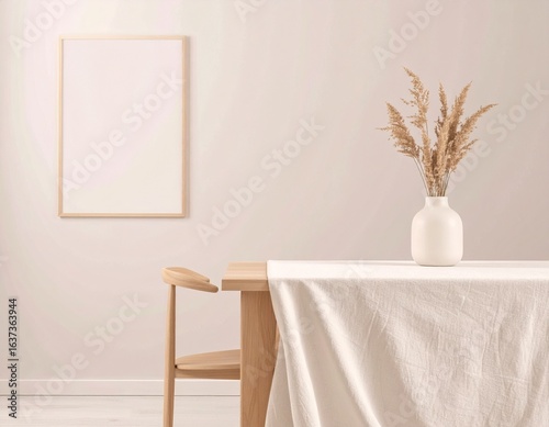 Minimal Interior with Table, Chair & Vase – ナチュラルインテリアと麻テーブルクロス、額縁のある部屋