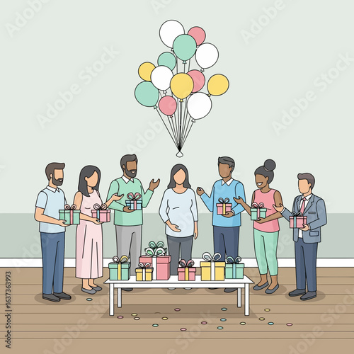 Joyful baby shower celebration with friends bringing gifts and colorful balloons for expectant mother, a heartwarming moment of love and anticipation for the new arrival