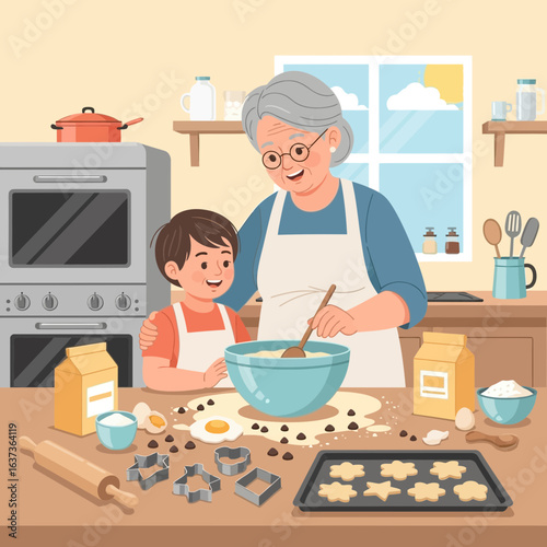 Grandma and grandson baking cookies together creating cherished memories in a warm kitchen, family bonding over homemade treats, sweet moments of joy and connection