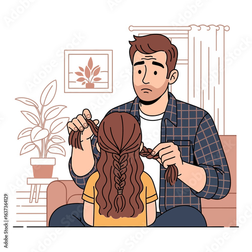Worried dad braiding daughter's hair in modern home interior, showcasing family bonding and challenges, perfect for parenting articles and relatable family content