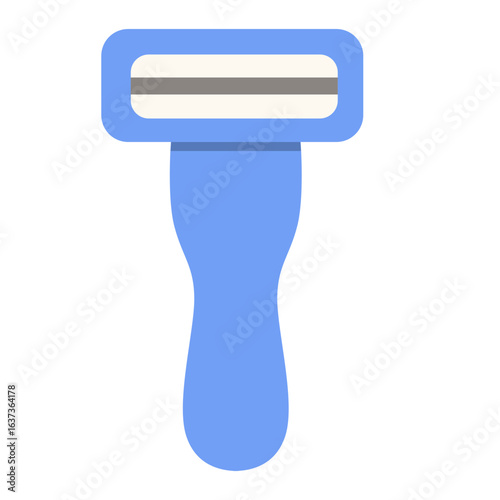 Flat vector illustration of a blue razor blade tool for shaving, grooming, and personal care design projects.