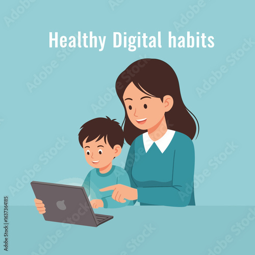 Joyful mother and son bonding while learning healthy digital habits together on a laptop, fostering mindful technology use and positive screen time engagement for families.