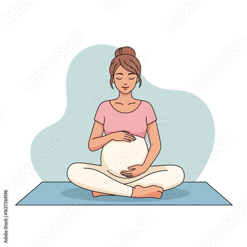 Serene pregnant woman in lotus pose practicing yoga meditation, embracing new life and inner peace on her mat