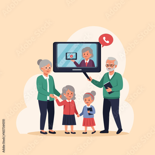 Joyful family connects virtually as grandparents share stories and knowledge with grandchildren, fostering intergenerational bonds through modern communication technology.