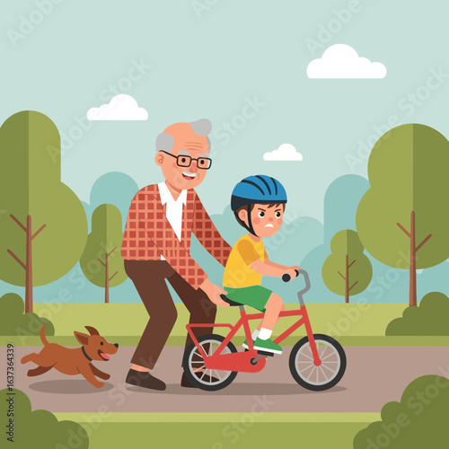 Joyful grandfather patiently teaches grandson to ride a bicycle in a sunny park with a happy dog running alongside, creating cherished family bonding memories.