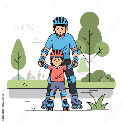 Loving father patiently teaches his young child to rollerblade in a sunny park, fostering fun outdoor family bonding and active lifestyle development