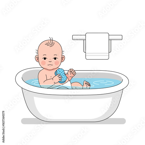Joyful baby enjoys a bubbly bath time with a fun sponge, clean hygiene routine for happy, healthy childhood development, adorable infant hygiene and self-care