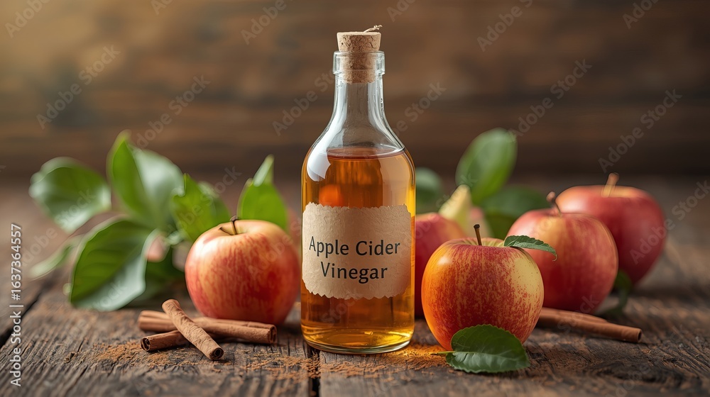 Naklejka premium Bottle of apple cider vinegar with fresh apples and cinnamon sticks