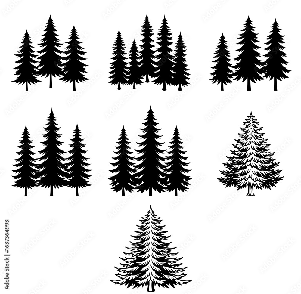 Obraz premium Minimalist Pine Tree Silhouette Vector Set