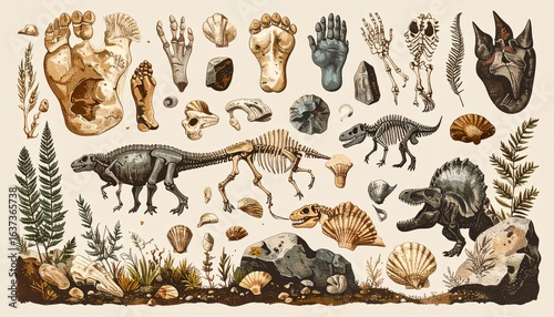 Fossil vector. Archeologic fossil dig set. Dinosaur dino foot, sea animal, fish skele