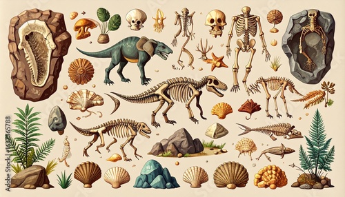 Fossil vector. Archeologic fossil dig set. Dinosaur dino foot, sea animal, fish skele