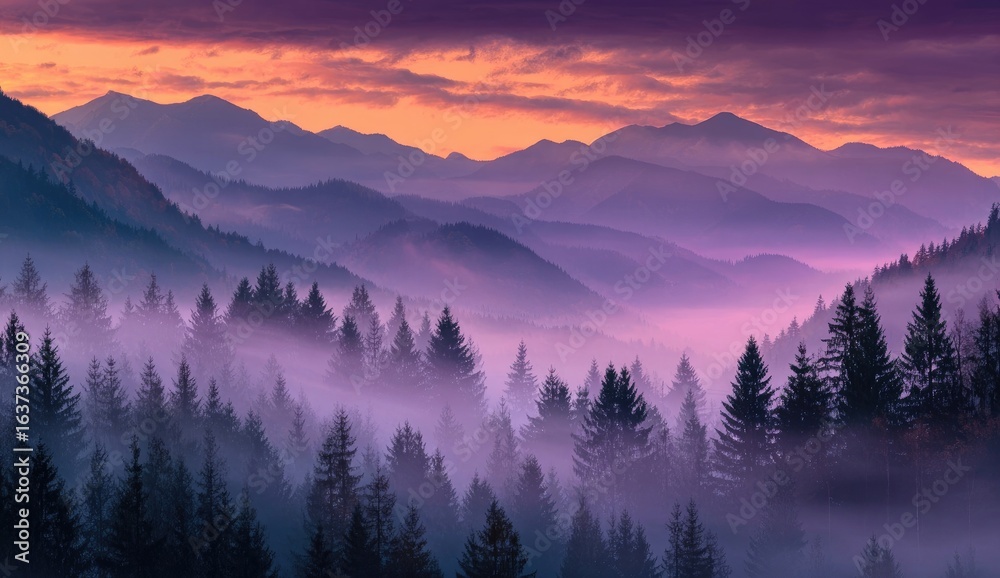 Obraz premium Misty mountain range at sunrise. Silhouette of trees in a valley