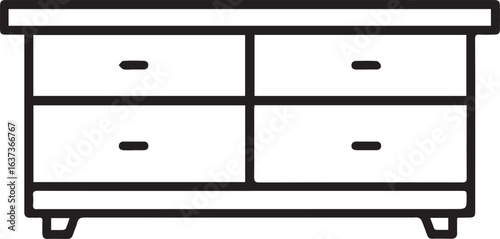 Sleek four-drawer dresser illustration perfect for interior design mockups, furniture catalogs, and minimalist home decor projects in elegant black outline