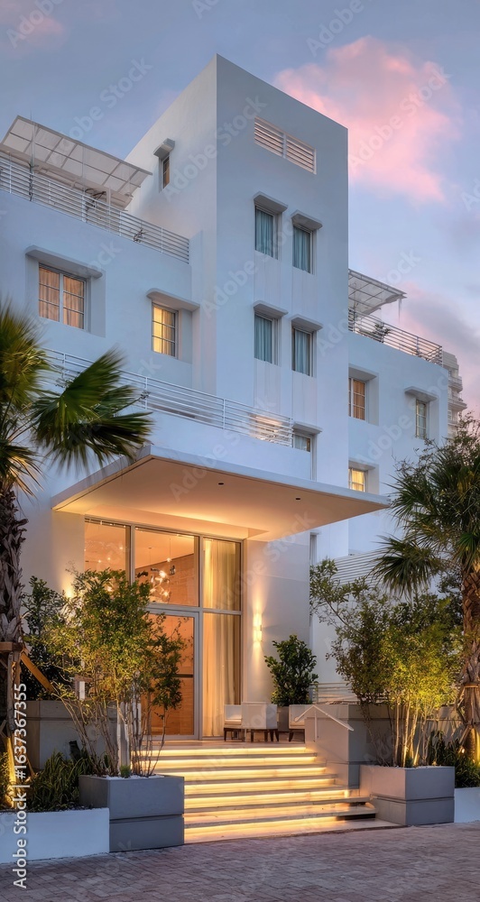 Naklejka premium Modern white building at dusk, illuminated entrance