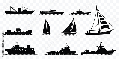 Diverse Black Silhouette Collection of Ships and Boats Sailing on the Sea Representing Maritime Transportation and Recreational Watercraft