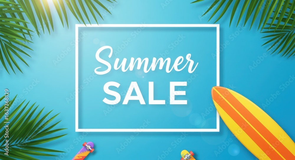 Fototapeta premium Summer sale announcement with tropical leaves and surfboard