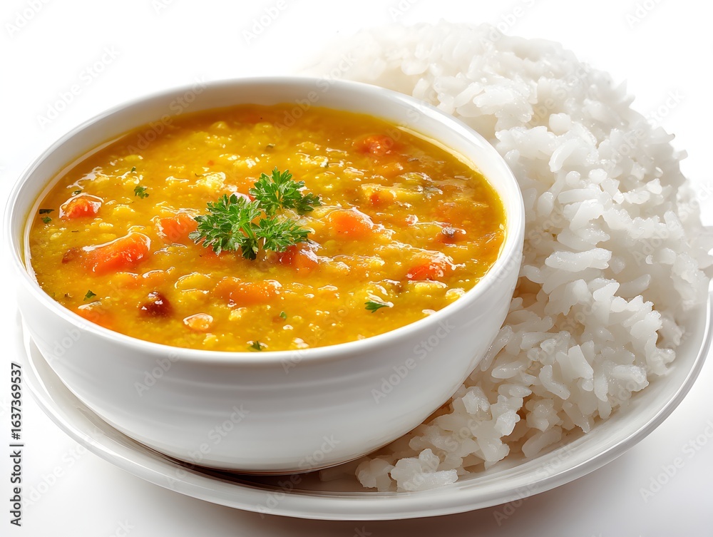 A bowl of delicious yellow dal with fresh parsley garnish served alongside a generous portion of fluffy white rice. A bowl of delicious yellow dal with fresh parsley garnish served alongside a generous portion of fluffy white rice.