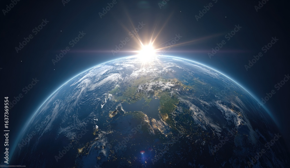Obraz premium Sunrise Earth view from space, clouds, atmosphere, background stars, planet exploration