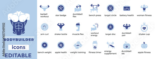 bodybuilder vector icons for fitness, gym, and sports industry branding, web, and app design

