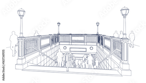 Detailed architectural line drawing of a traditional subway entrance with people.