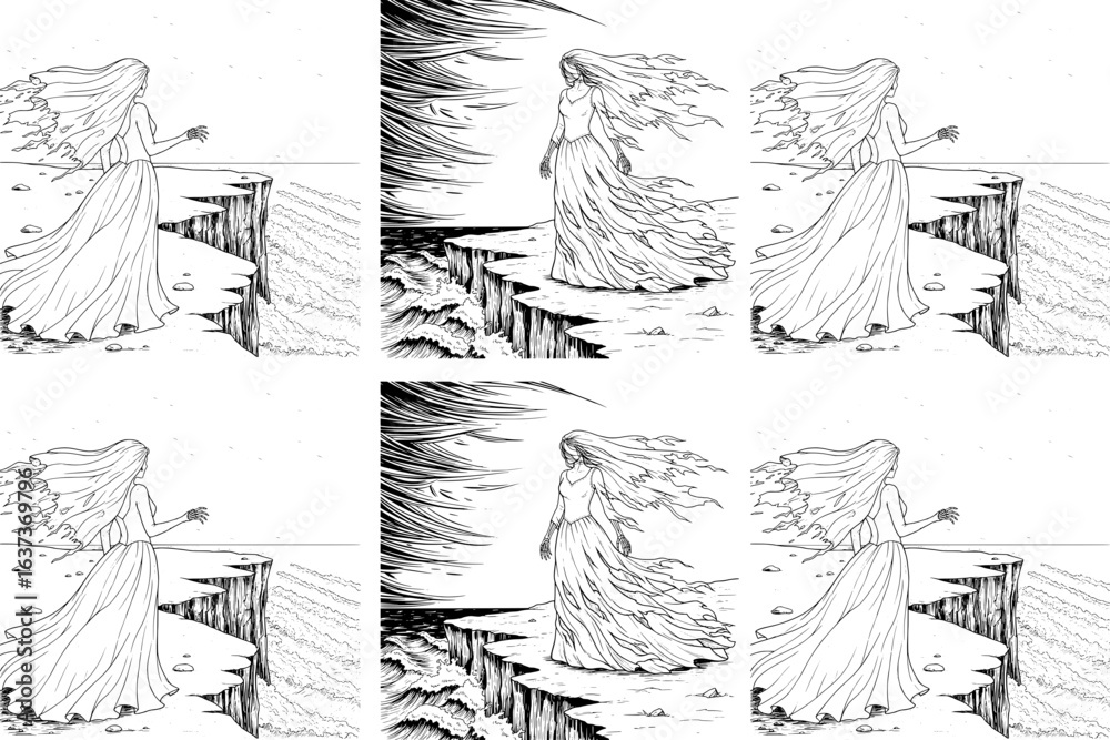 Fototapeta premium Ghost Bride Black and White Line Art – Detailed Ink Drawing