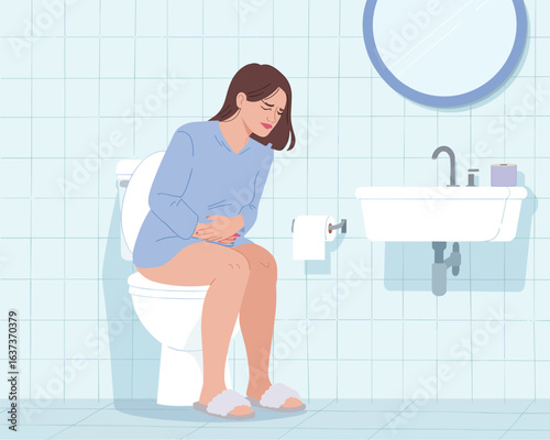 A woman sitting on the toilet suffering from stomach ache, constipation, or diarrhea