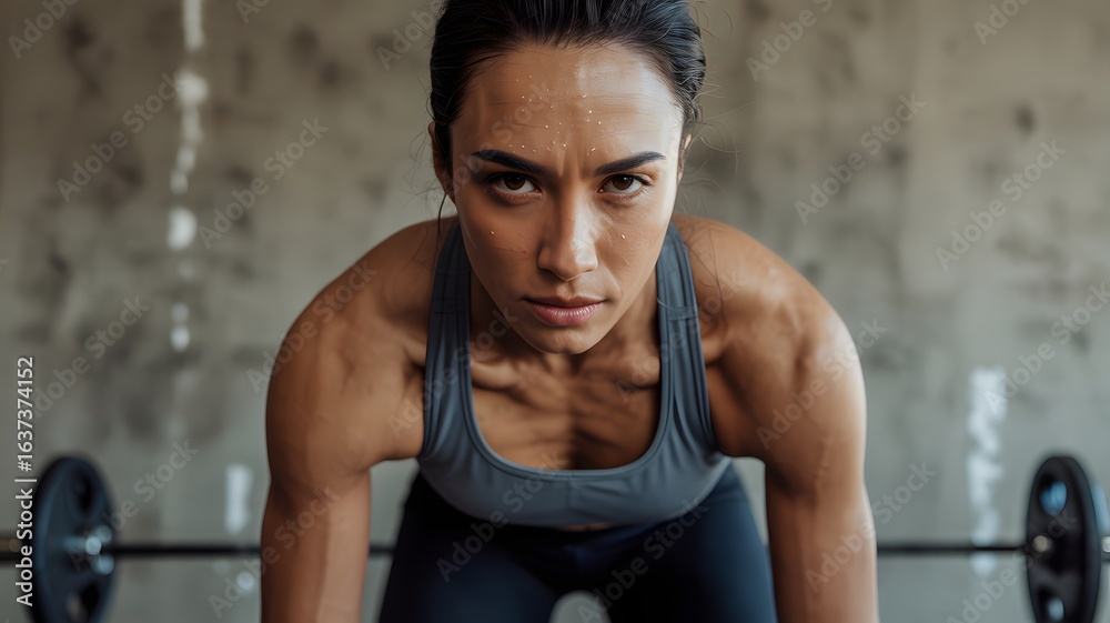 Fototapeta premium Determined woman lifting weights in a gym, showcasing strength and focus