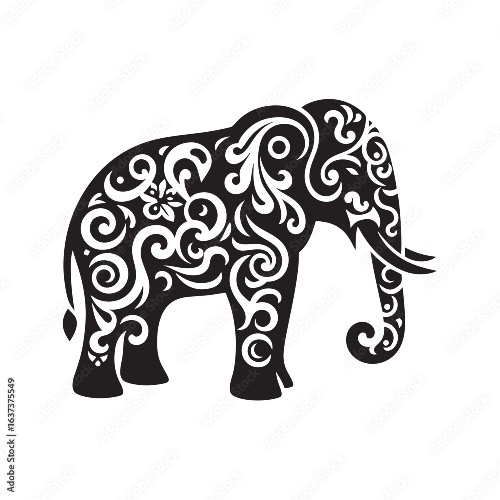 Fototapeta premium Tribal Asian Elephant Silhouette with Decorative Swirls and Patterned Cutouts Vector SVG for Cricut and Tattoo Art Projects