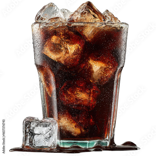 Cold brew coffee with ice cubes floating, isolated on white and transparent background.