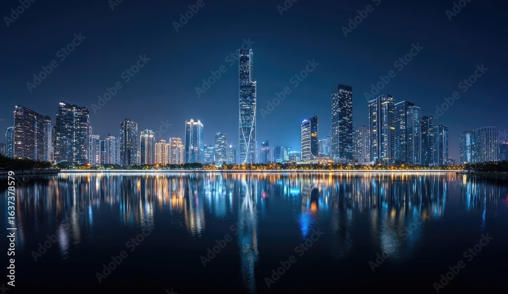 Obraz premium City skyline at night reflected in a calm lake