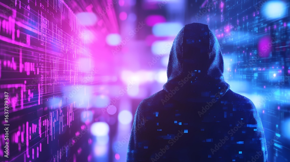 Anonymous hacker back view in hoodie surrounded by a network of glowing data Anonymous hacker back view in hoodie surrounded by a network of glowing data