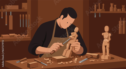 Carver chipping, chiseling wood with handtools. Workshop with carved statues