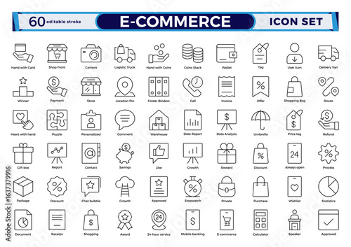 E-commerce outline icon set for online shopping and delivery. Line style business, store, digital marketing, payment card, gift, sale, money, discount. Editable stroke outline icon.
