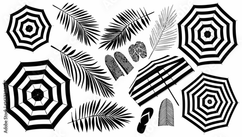Illustration of beach umbrellas, palm leaves, and sandals in black and white summer themed graphic design silhouette
