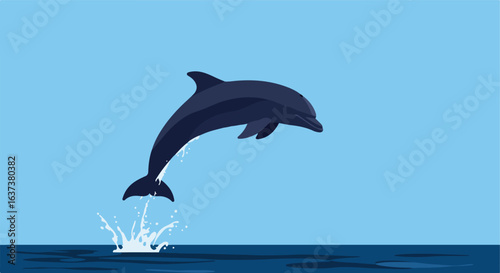 Dolphin leaping in the sea against a light blue background, creating a splash