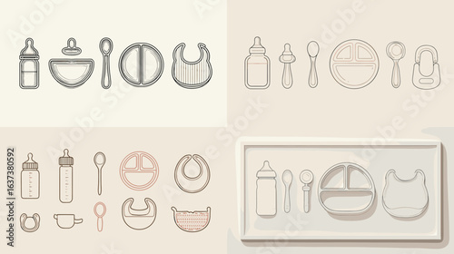 Minimalist vector line illustration of baby feeding tools like bottles, spoons, and bibs. Ideal for parenting design, baby care products, or nursery branding projects.