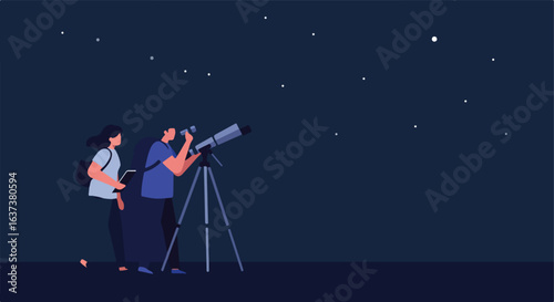 People observe the night sky with telescope, stars gleaming in dark