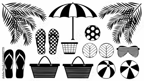 Illustration of beach themed items including palm leaves, flip flops, umbrella, and beach balls in black and white silhouette