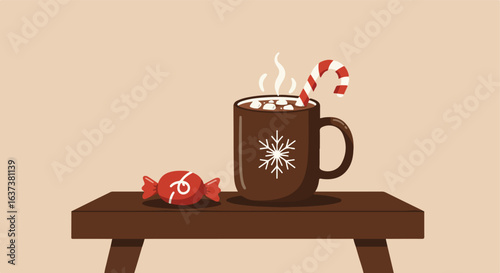 Festive Cocoa Mug of cocoa with marshmallows and candy cane, with a candy on table