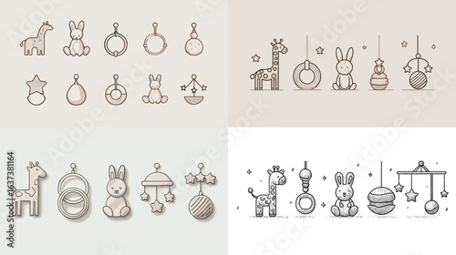 Minimalist vector illustration of baby toys including giraffe, bunny, and rattle designs. Perfect for nursery decor, kids branding, or baby shower graphic projects.
