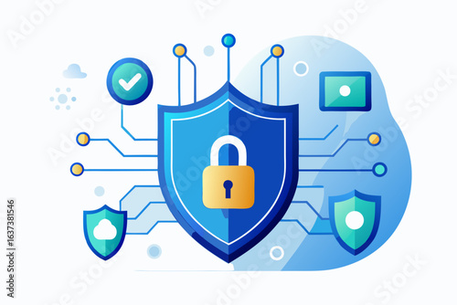 Cybersecurity protection with vibrant shield and padlock, digital security concept with modern design elements