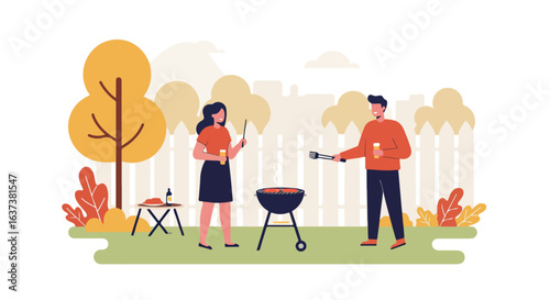 Backyard barbecue Couple enjoying grilling near a fence with trees and small table