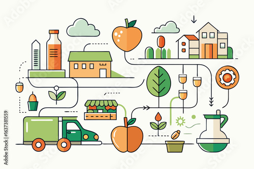 Farm to table fresh organic local food delivery with green vehicle and roadside stand concept illustration