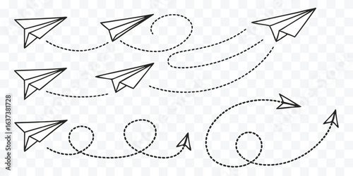 Paper Airplane Flight Paths Representing Strategy Innovation and Business Growth with Dotted Lines on a Clear Background