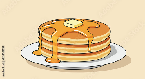 Stack of Pancakes  Pancakes with drippy syrup and butter sit on a plate, tasty breakfast