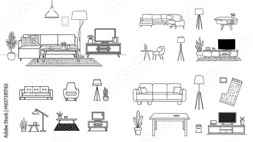 Flat vector line illustration of living room furniture including sofa, lamp, table, and TV set. Perfect for home decor, real estate, and furniture catalog design.